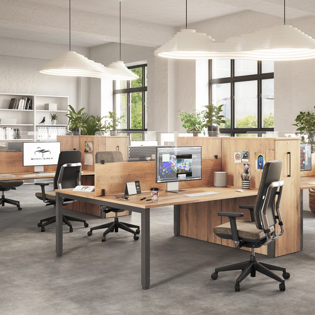 Installation Tempo Bureau moderne avec plusieurs postes de travail et sièges ergonomiques.